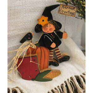VTG Harvest Greetings Witch Wood Sign Fall Autumn Folk Art Rustic Crazy Mountain